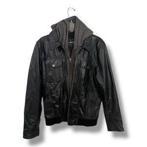 Black Rivet Men’s Leather Bomber Jacket Medium Hooded Moto Quilted Lined
